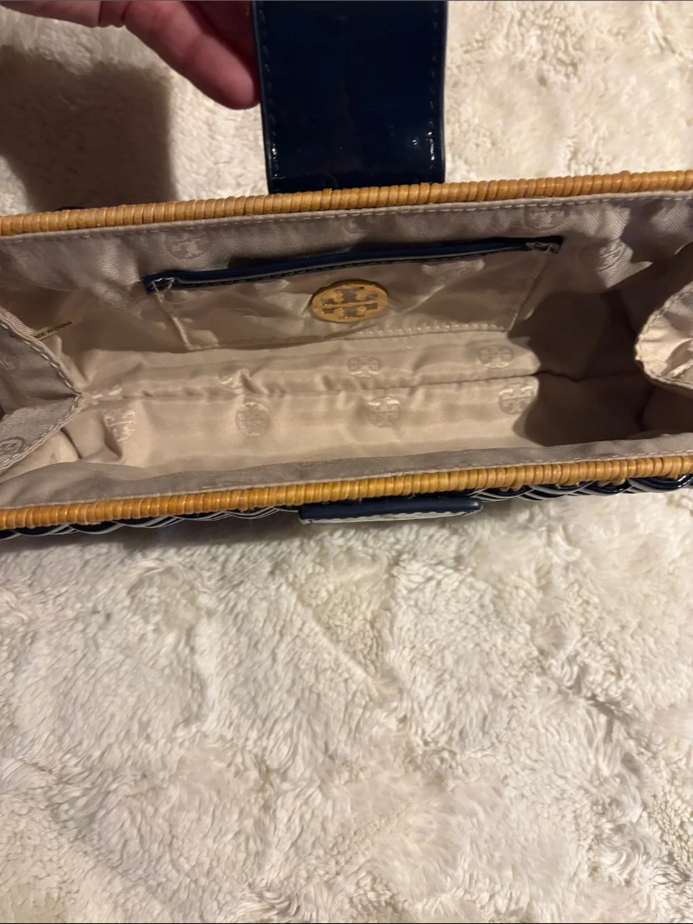 Tory Burch Navy and Tan Woven Patent Clutch